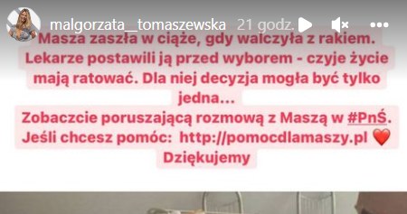 Małgorzata Tomaszewska apeluje o pomoc dla chorej Maszy https://www.instagram.com/malgorzata__tomaszewska/ /Instagram