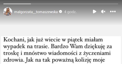 Małgorzata Tomaszewska po wypadku dziękuje wszystkim na Instagramie /Screen z InstaStory / @malgorzata__tomaszewska /Instagram