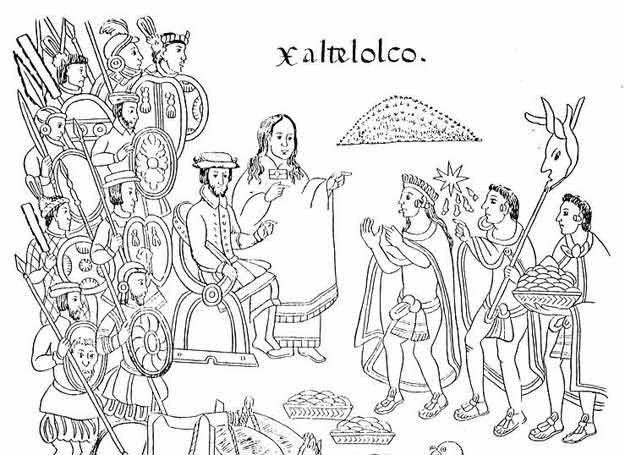 Malinche i Cortez w Tlatelolco na ilustracji z History of Tlaxcala z 1585 roku /