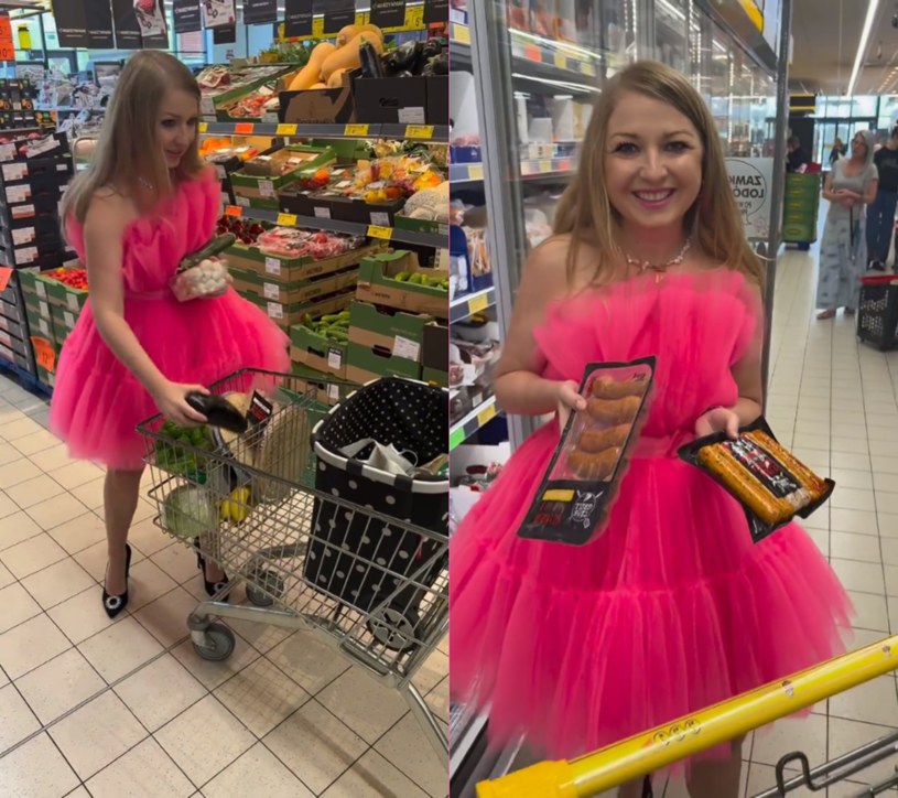 Mama Ginekolog w pomponikowym kolorze sukienki wybiera produkty w sklepie - kamera cały czas włączona! /@mamaginekolog /Instagram