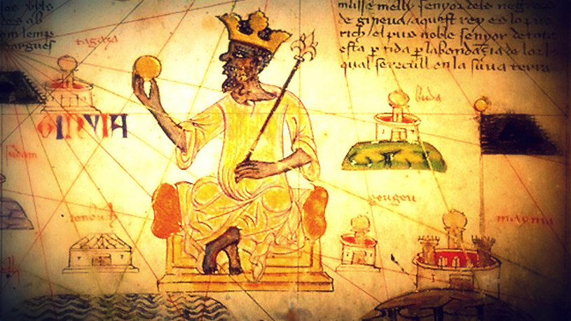 Mansa Musa przedstawiony na tle mapy swych posiadłości. W ręku trzyma złotą monetę /Wikimedia Commons /INTERIA.PL/materiały prasowe