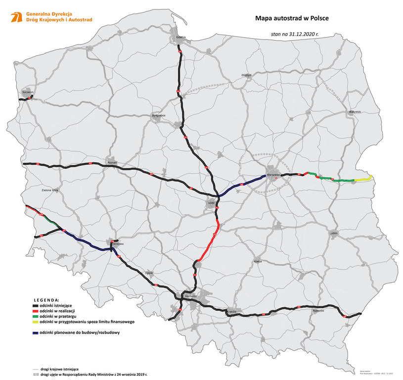 Mapa autostrad w Polsce (dane na koniec 2020 roku) /GDDKiA /GDDKiA