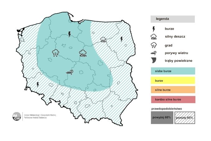Mapa burz prognozowanych na sobotę, 17 maja /IMGW /Materiały prasowe