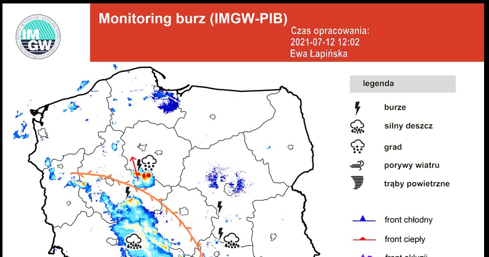 Mapa burzowa IMGW, fot. https://www.facebook.com/burzaalertimgw /