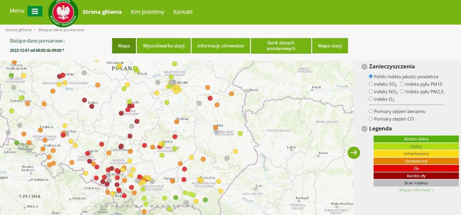 Mapa dot. smogu dostępna na stronie internetowej powietrze.gios.gov.pl /Inspekcja Ochrony Środowiska /