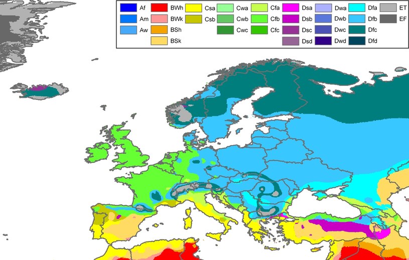 Mapa Europy według klasyfikacji klimatów Köppena. Polska należy do strefy umiarkowanego klimat kontynentalnego, ale nawet w niej potrafią znaleźć się ekstrema /Wikimedia Commons /domena publiczna