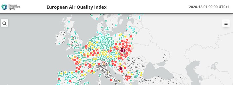 Mapa Europy ze wskazaniem AQI (Air Quality Index), 1 grudnia 2020 /EEA/ESRI /domena publiczna