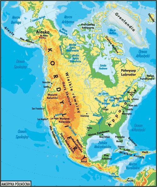 Mapa fizyczna Ameryki Północnej i Środkowej /Encyklopedia Internautica