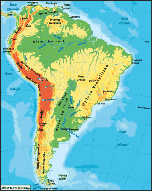 Mapa fizyczna Ameryki Południowej /Encyklopedia Internautica