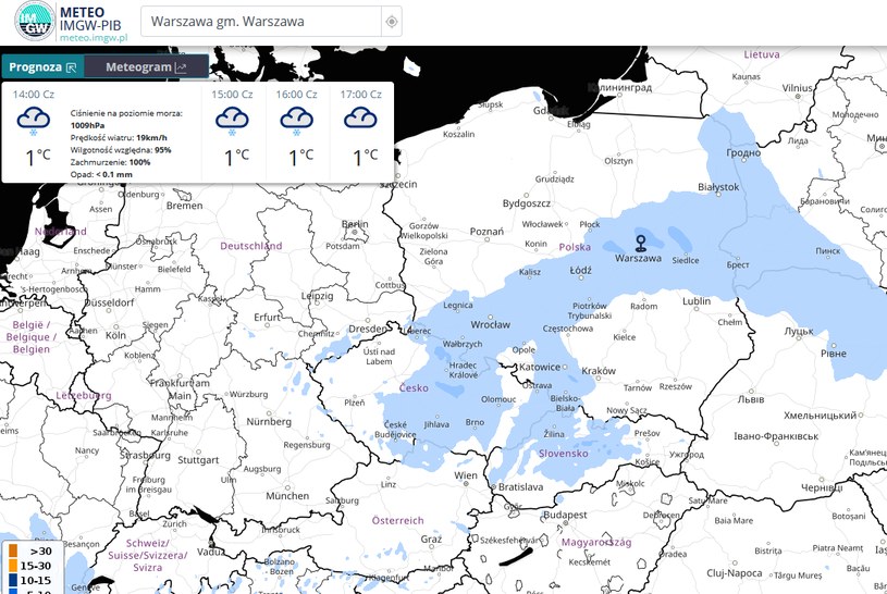 Mapa IMGW, prognozowane opady śniegu w czwartek o godz. 14 /