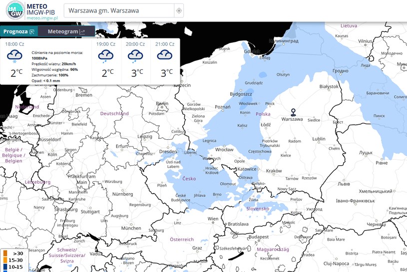 Mapa IMGW, prognozowane opady śniegu w czwartek o godz. 18 /