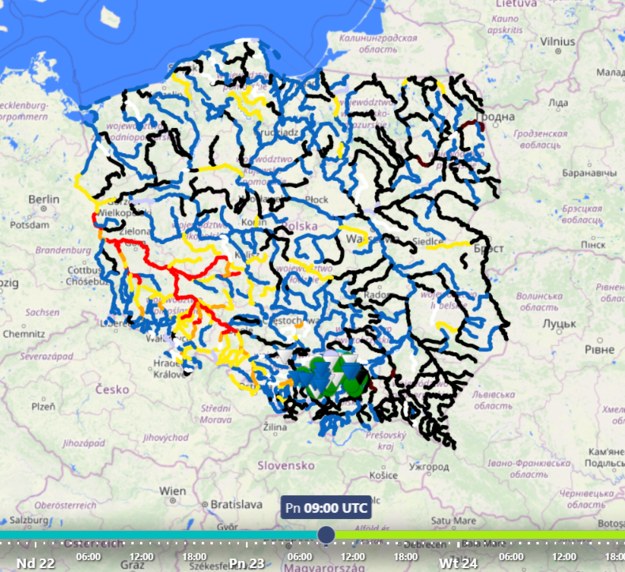 Mapa Instytutu Meteorologii i Gospodarki Wodnej. Stany wody w rzekach w poniedziałek, 23 września /IMGW /Materiały prasowe