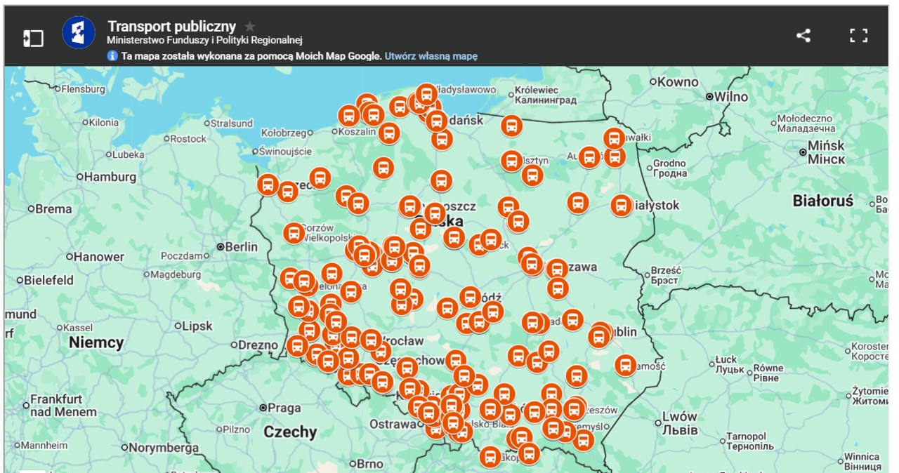 Mapa inwestycji związanych z komunikacją pokazująca miejsca, gdzie finanse pochodzą z KPO /kpo.gov.pl /materiał zewnętrzny