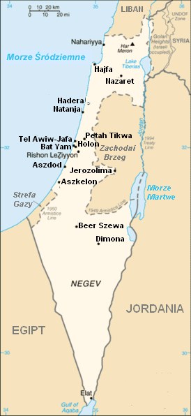 Mapa Izraela i jego sąsiadów. Strefa Gazy w lewym dolnym rogu terytorium Izraela. /CIA World Factbook/polskie tłumaczenia dla Wikipedii