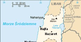 Mapa Izraela i jego sąsiadów. Strefa Gazy w lewym dolnym rogu terytorium Izraela. /CIA World Factbook/polskie tłumaczenia dla Wikipedii