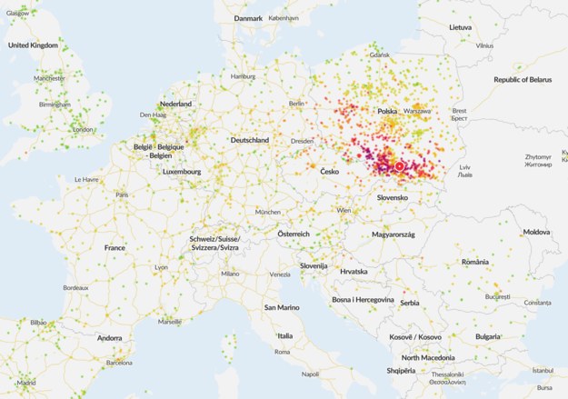 Mapa jakości powietrza w Europie - stan na 10.01.2024 /airly