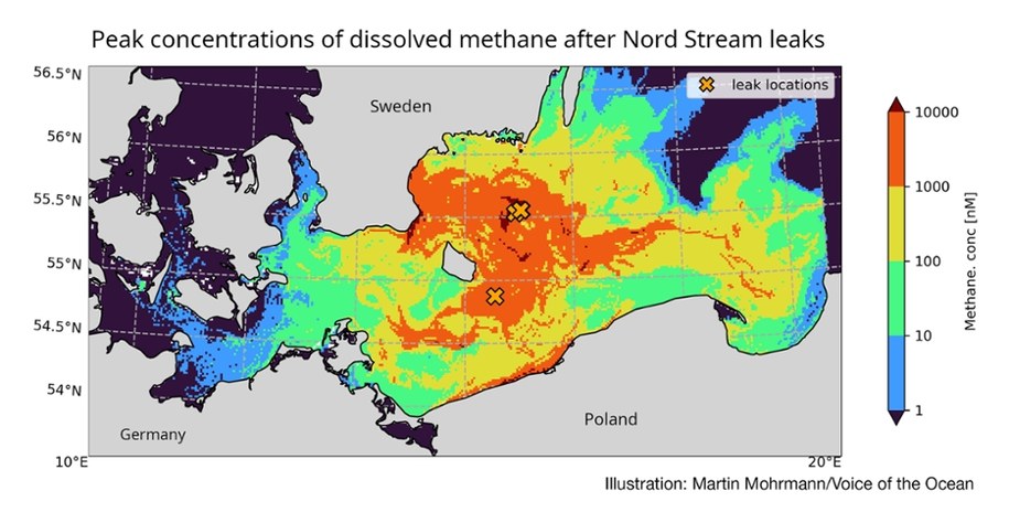 Mapa maksymalnego stężenia metanu w Bałtyku po wybuchach Nord Stream /Martin Mohrmann/VOTO /Materiały prasowe