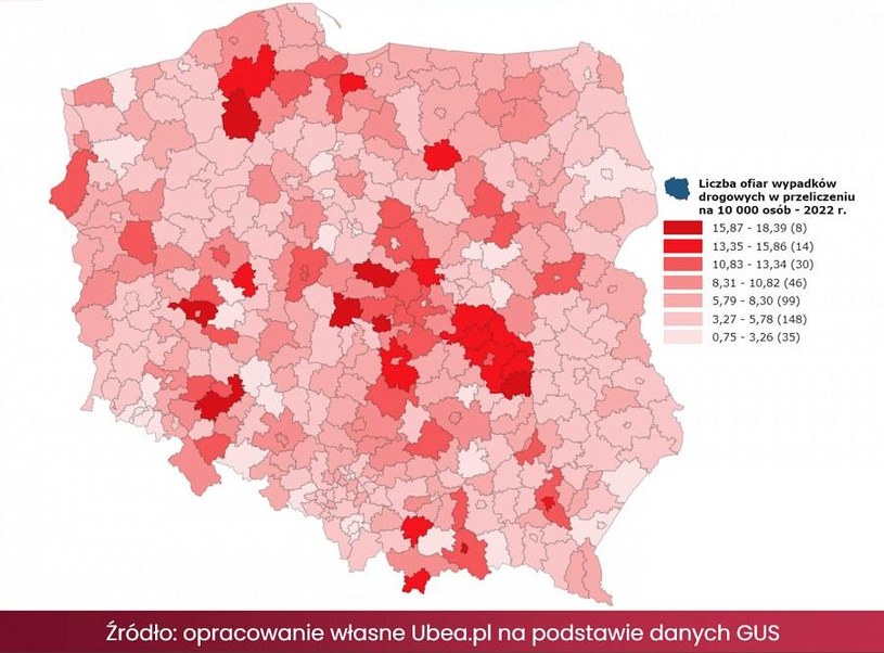 Mapa miejsc w Polsce z najwyższą liczbą ofiar wypadków drogowych na 10 tys. mieszkańców /Informacja prasowa