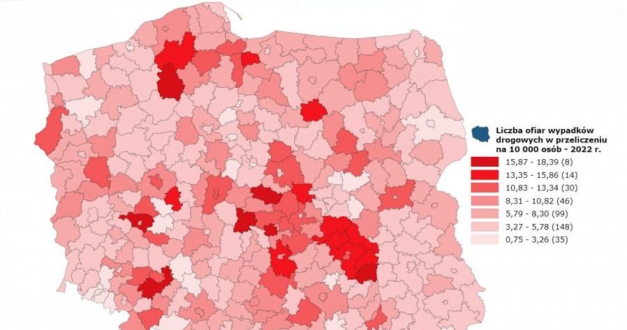 Mapa miejsc w Polsce z najwyższą liczbą ofiar wypadków drogowych na 10 tys. mieszkańców /Informacja prasowa