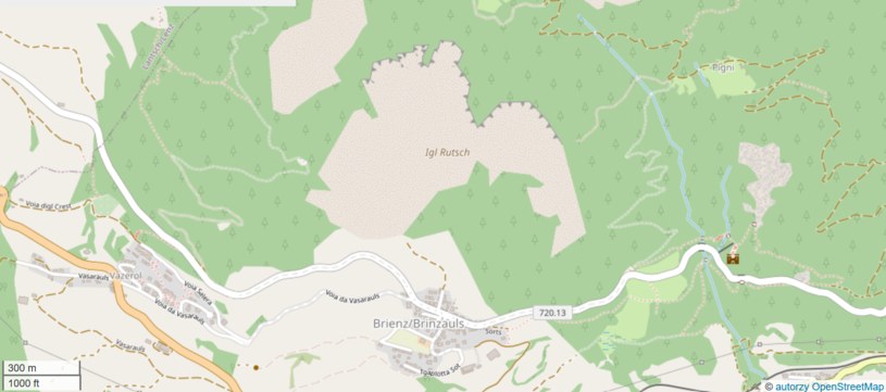 Mapa obszaru, na którym widoczne jest Brienz/Brinzaulus z zaznaczoną zwietrzeliną na północ od wioski /autorzy OpenStreetMap /domena publiczna