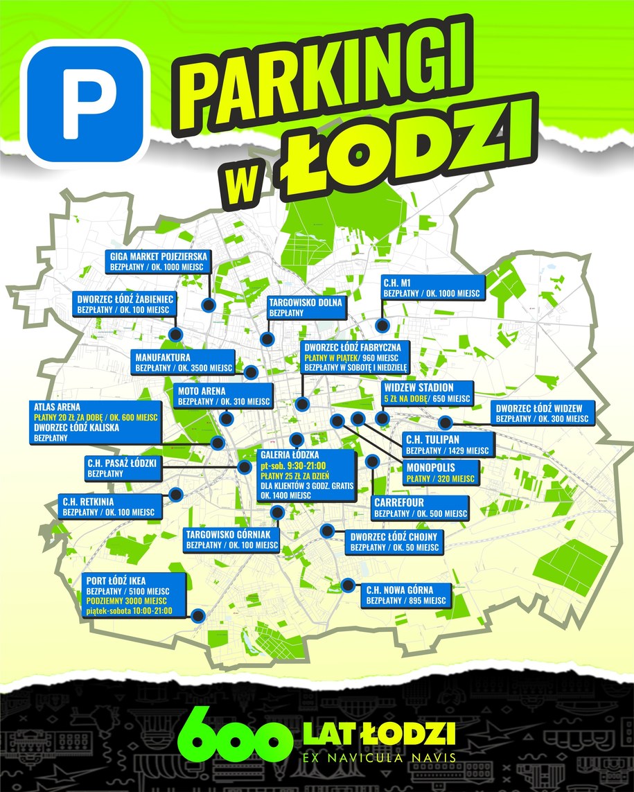 Mapa parkingów, na których można zostawić samochód w czasie Festiwalu Światła /ZDiT Łódź /Materiały prasowe