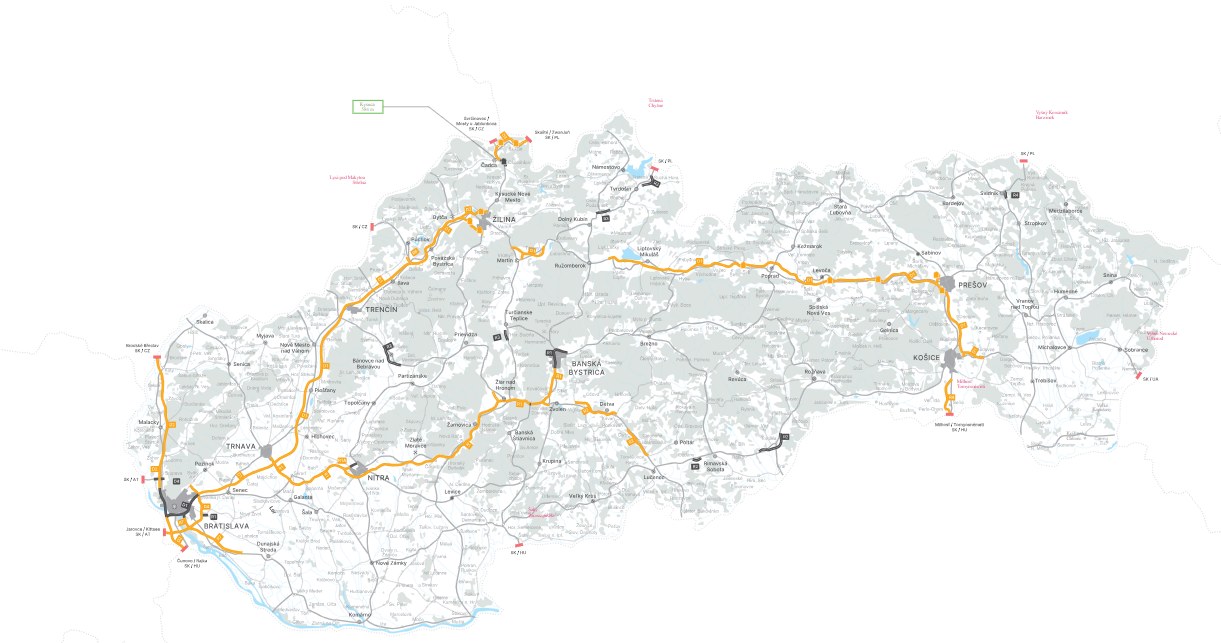 Mapa płatnych odcinków dróg na Słowacji, na których obowiązują winiety. /ndsas.sk /materiał zewnętrzny