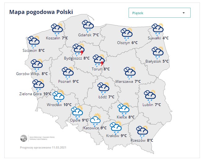 Mapa pogody na piątek /IMGW /