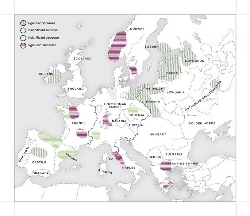 Mapa pokazująca miejsca wzrostów i spadków produkcji pyłków rolniczych /Nature Ecology & Evolution /materiały prasowe