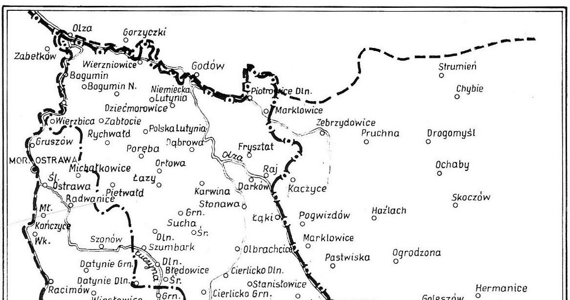 Mapa pokazująca przebieg granicy polsko-czechosłowackiej w okresie międzywojennym, na tle historycznego obszaru Zaolzia /Archiwum Tomasza Basarabowicza