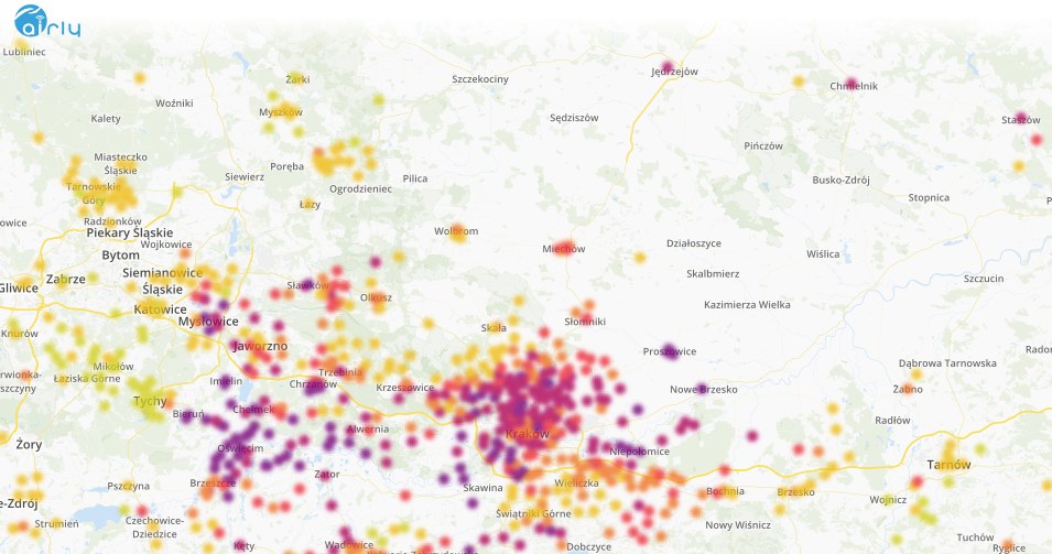 Mapa pokazująca zanieczyszczenie powietrza na południu Polski,d ane z 3.01.2020, godz. 8:00 /źródło: airly /