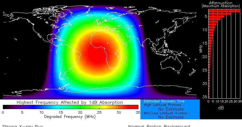 Mapa pokazująca zasięg krótkotrwałych przerw w odbiorze sygnału radiowego. /NOAA Space Weather Prediction Center /materiały prasowe