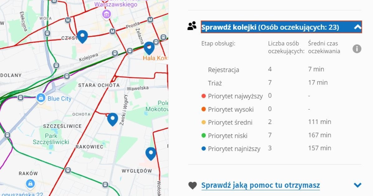 Este mapa mostra o tempo de espera para admissão em um dos serviços de emergência de Varsóvia / Patjent.gov.pl /