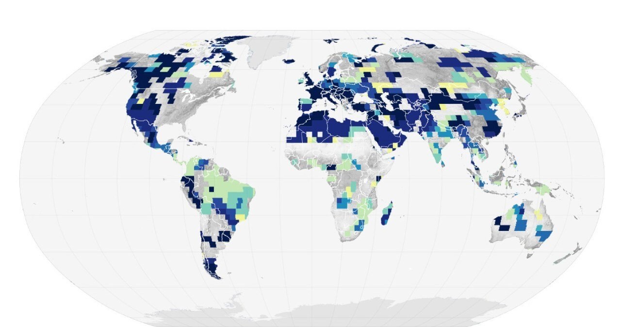 Mapa pokazuje lata, w których zasoby wody lądowej osiągnęły 22-letnie minimum /NASA Earth Observatory/Wanmei Liang z danymi dzięki uprzejmości Mary Michael O'Neill /NASA