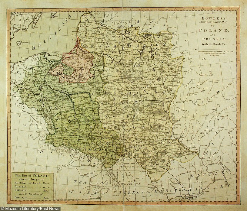 Mapa Polski po III rozbiorze; miedzioryt kolorowany; ryt. Thomas Bowles Jr; Londyn 1795 /Muzeum Literatury /East News