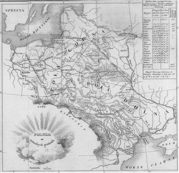 Mapa Polski stworzona przez uczestnika powstania listopadowego Oskara Żebrowskiego w 1847 roku. Mimo że tego typu mapy miały znaczenie czysto propagandowe, mając podtrzymać Polaków na duchu w czasach zaborów, dla wielu przyczyniły się do wykreowania wizji realności powrotu do takich granic w odrodzonym państwie
