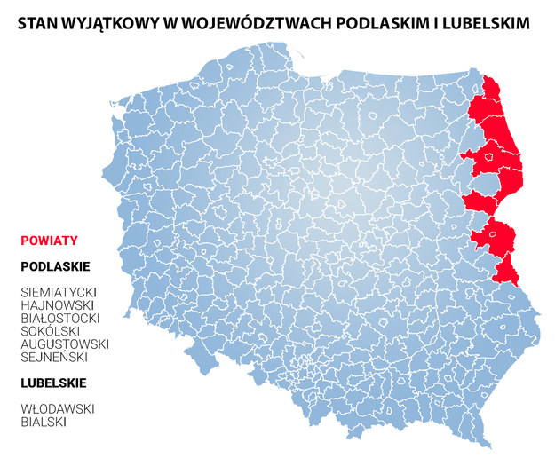 Mapa powiatów, w których wprowadzono stan wyjątkowy /RMF FM /RMF FM