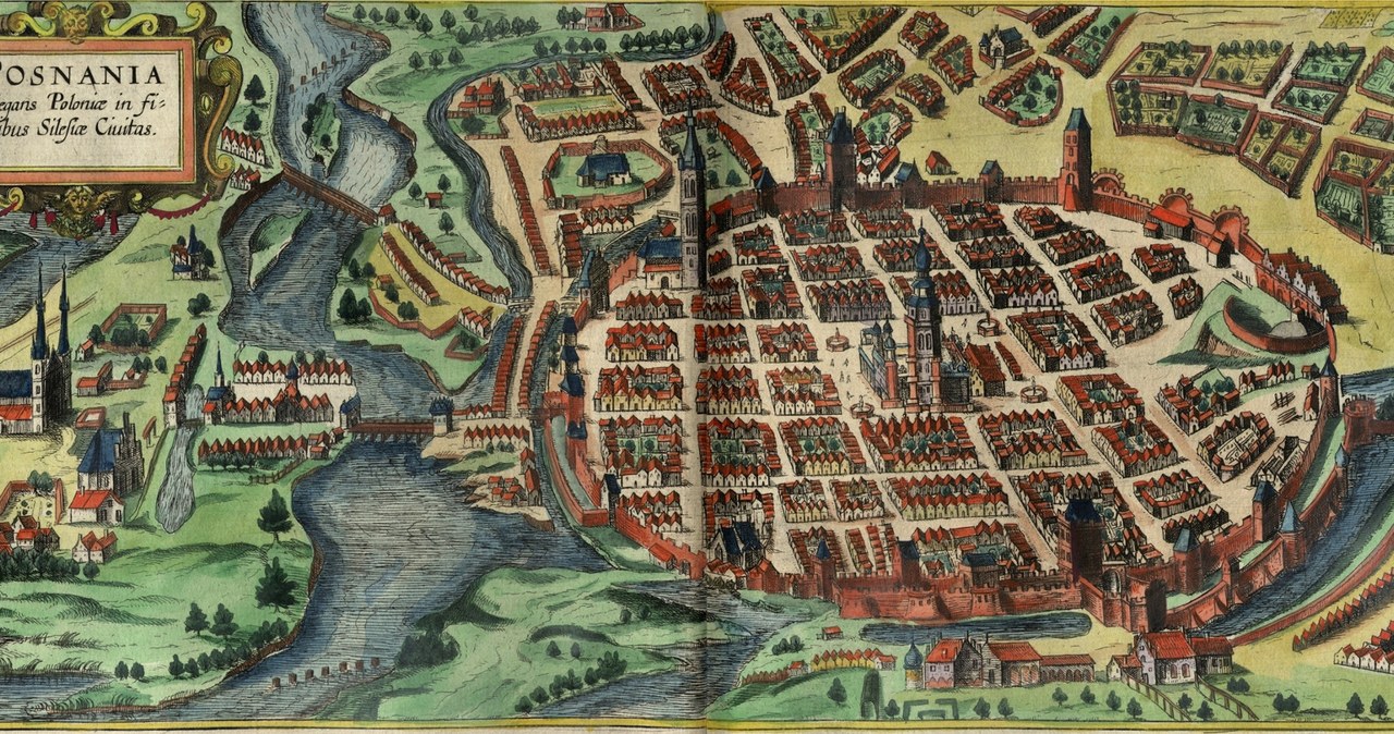 Mapa Poznania zamieszczona w atlasie Civitates Orbis Terrarum wydawanym w latach 1572 - 1618 /Georg Braun i Frans Hogenberg /domena publiczna