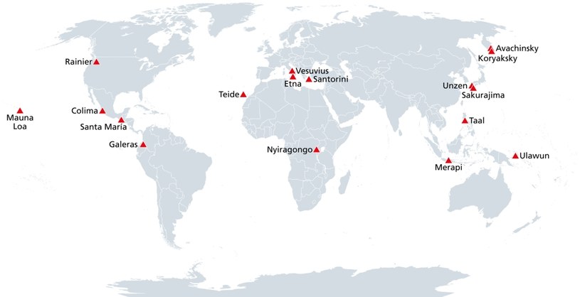 Mapa prezentuje "Wulkany Dekady", czyli te, które są obecnie najgroźniejsze na świecie /123RF/PICSEL