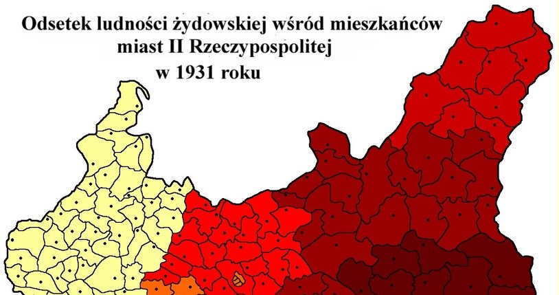 Mapa przedstawiająca odsetek mieszkańców II RP żydowskiego pochodzenia /domena publiczna