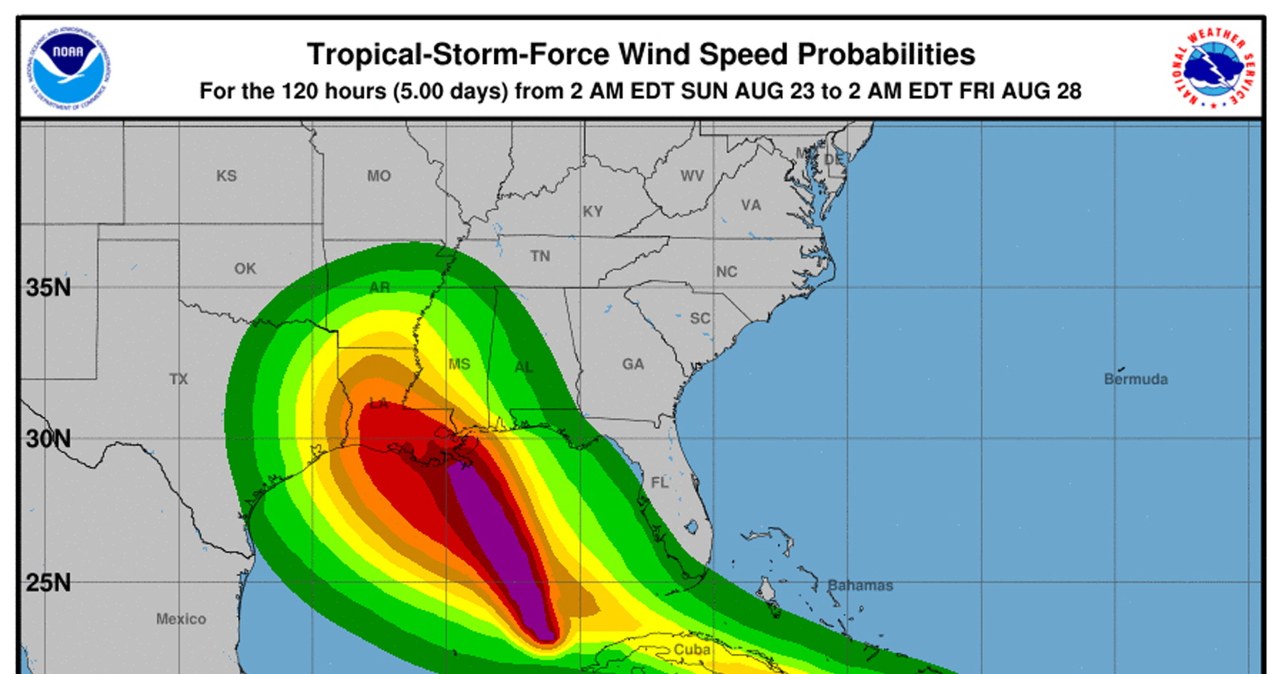 Mapa przedstawiająca prawdopodobną prędkość wiatru dla burzy tropikalnej Marco i Laura /NOAA    /PAP/EPA