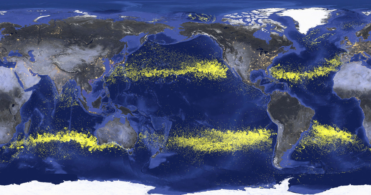 Mapa przedstawiająca przewidywania dotyczące ruchu śmieci na oceanach. Najgorsze jest to, że sporządzono ją jeszcze przed pandemią! /NASA Scientific Visualisation Studio/ANIMATE4.COM/Science Photo /East News