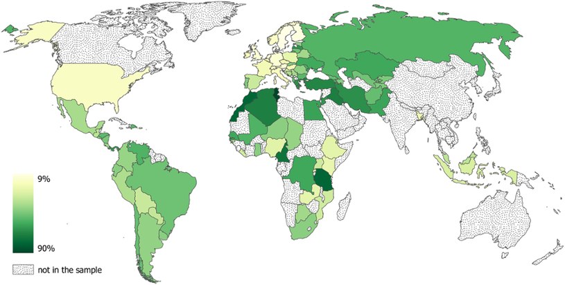Mapa przedstawiająca rozpowszechnienie wierzeń związanych z czarami na poziomie kraju na całym świecie. /Boris Gershman /materiał zewnętrzny