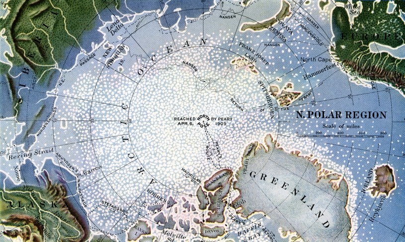 Mapa przedstawiająca trasę ekspedycji Roberta Peary'ego. W 1909 r. jako pierwszy dotarł on w okolice Bieguna północnego /Getty Images