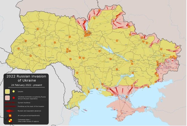Mapa przybliżająca stan rosyjskiej agresji w Ukrainie