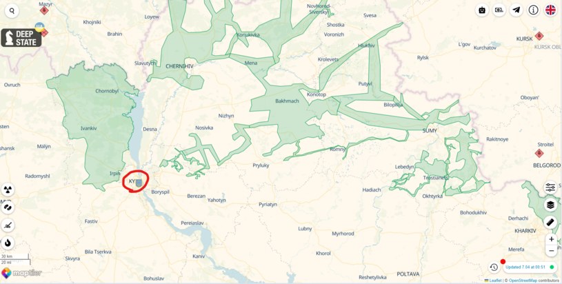 Mapa przygotowana przez zespół Deep State dobrze pokazuje jak rosyjskie wojska pędziły w kierunku Kijowa. Pod ich kontrolą znajdowały się praktycznie tylko drogi. /deepstatemap.live /materiał zewnętrzny