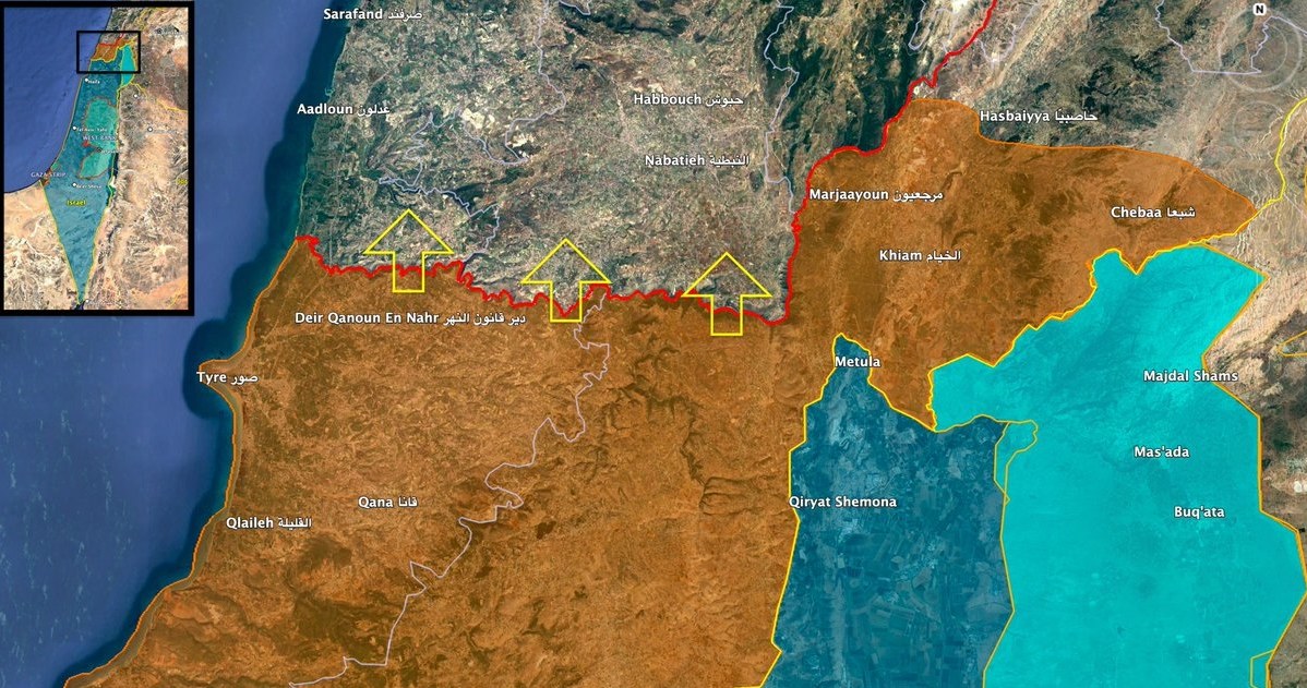 Mapa regionu granicy libańsko-izraelskiej z zaznaczoną na czerwono linią rzeki Litani. Niebieskim kolorem zaznaczone są tereny Izraela, a pomarańczowym - Libanu /@Tendar /Twitter