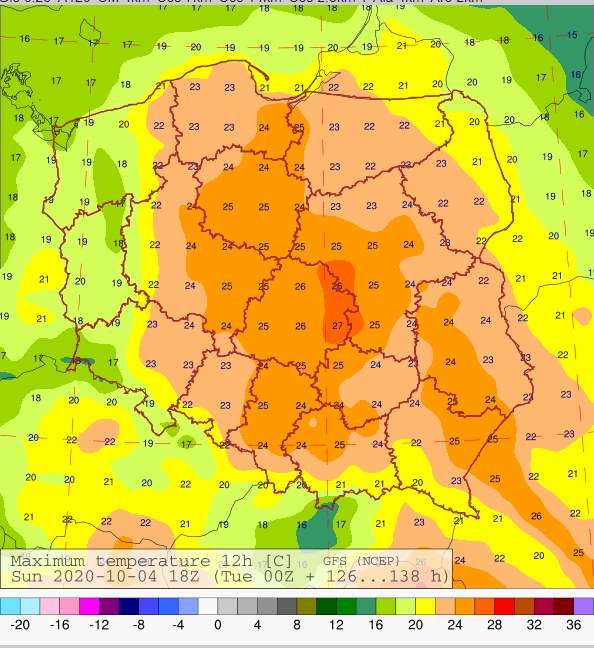 Mapa rozkładu temperatury maksymalnej 4 października 2020 wg modelu GFS (NCEP) /IMGW-PIB / imgw.pl /