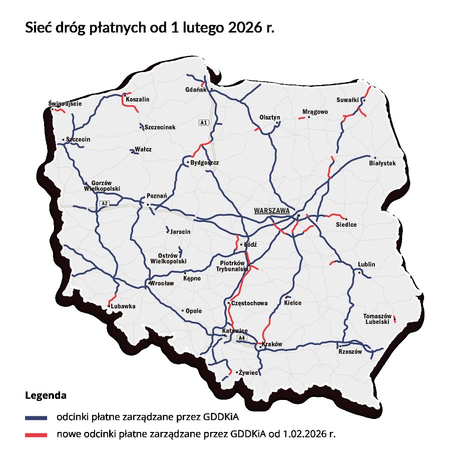 Mapa sieci dróg płatnych od 1 lutego 2026 roku /etoll.gov.pl /Materiały prasowe