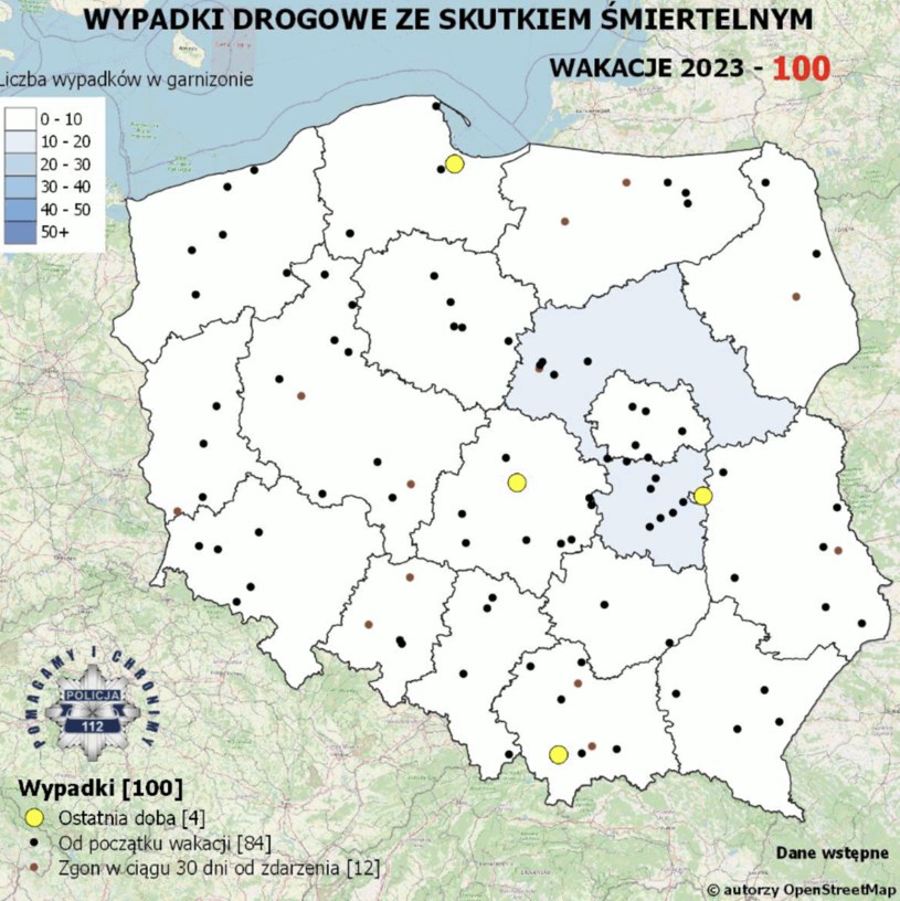 Mapa śmiertelnych wypadków drogowych - wakacje 2023 /Polska Policja /Policja
