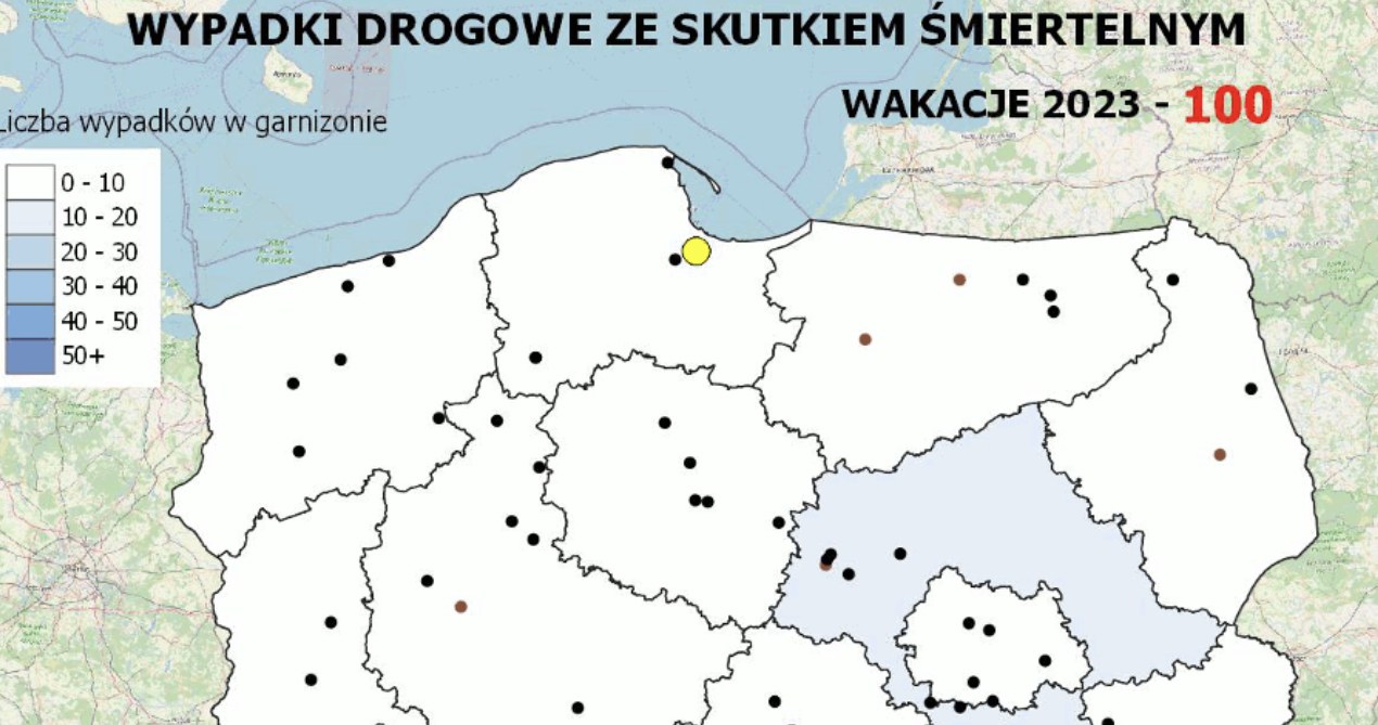 Mapa śmiertelnych wypadków drogowych - wakacje 2023 /Polska Policja /Policja